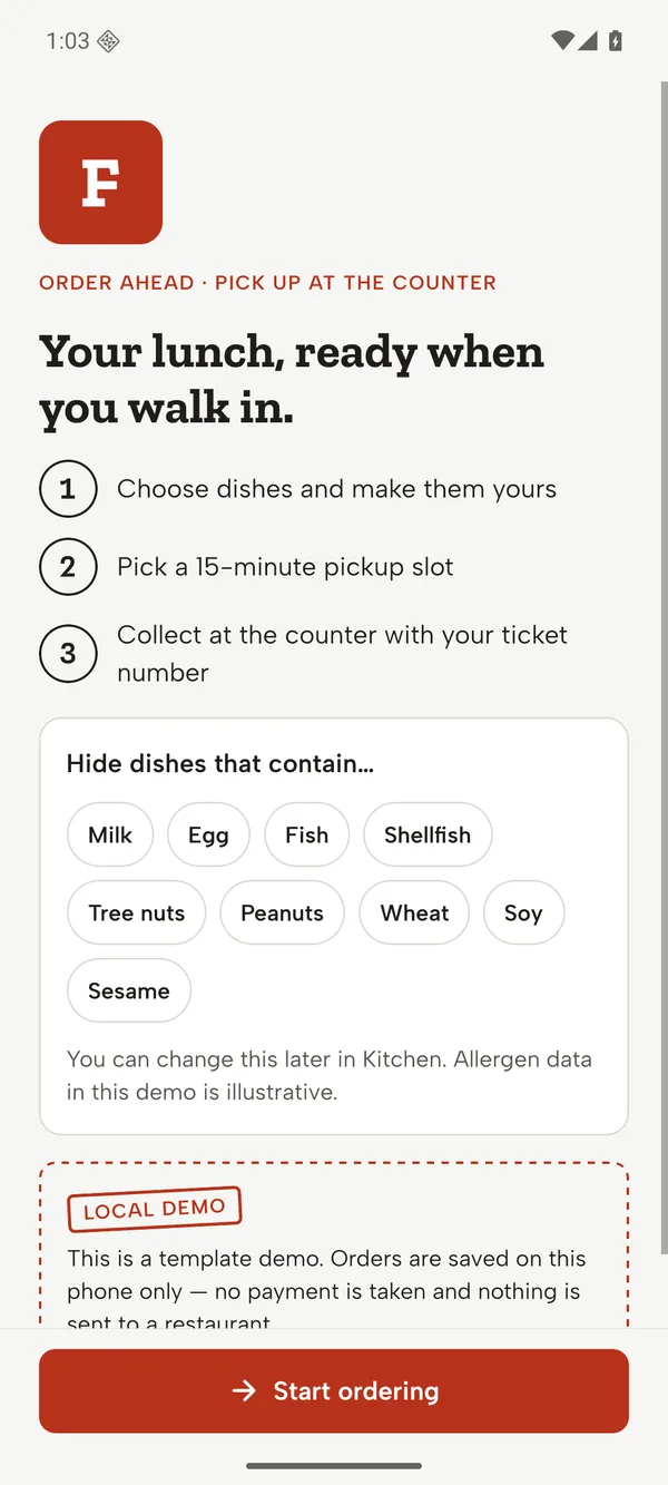 Android: First run: steps, allergen preference and the local-demo notice