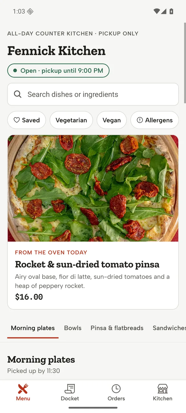 Android: Menu with open status, search, filters and a featured dish