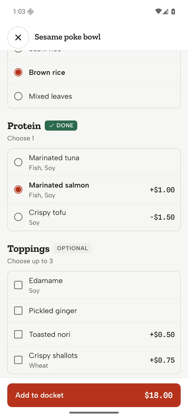 Dish options on Android: sesame poke bowl with base and protein chosen and the running price on the add button