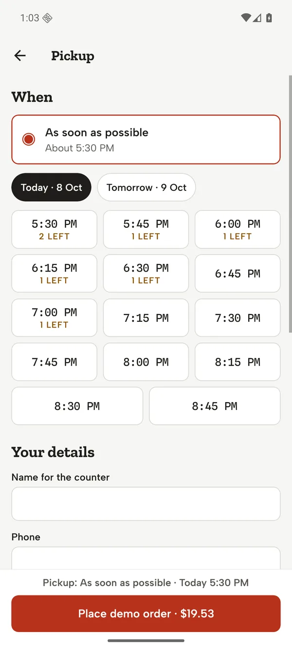 Android: Pickup: ASAP or a 15-minute slot with capacity