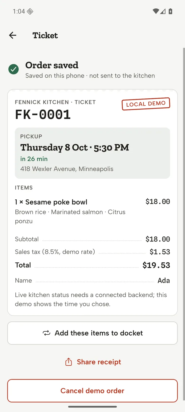 Android: Ticket saved on the phone, stamped LOCAL DEMO