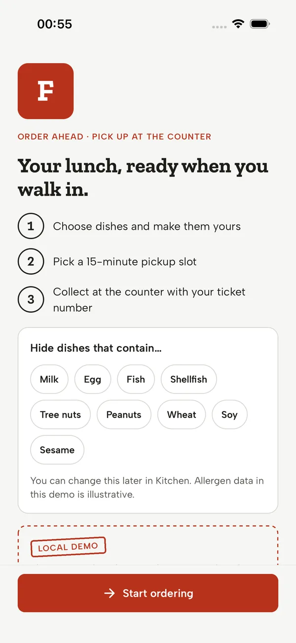 iOS: First run: steps, allergen preference and the local-demo notice