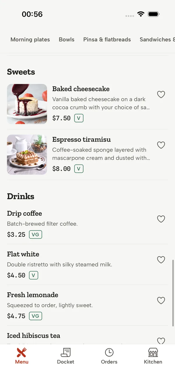 Menu scrolled to the morning plates and bowls with the sticky section rail