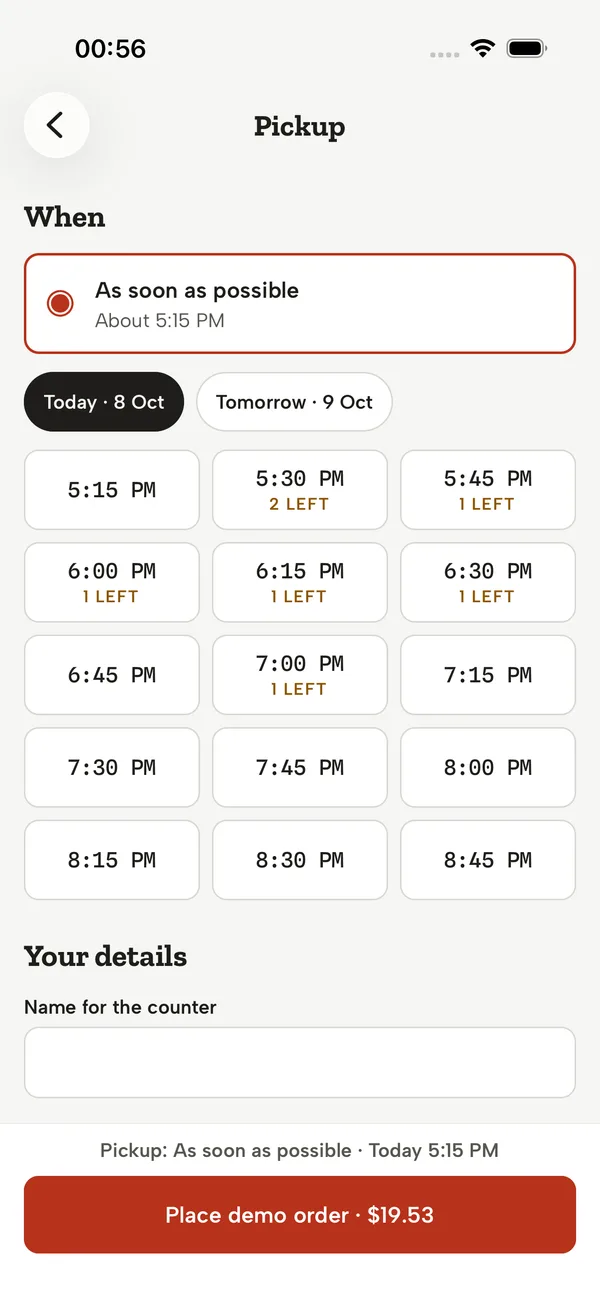 iOS: Pickup: ASAP or a 15-minute slot with capacity