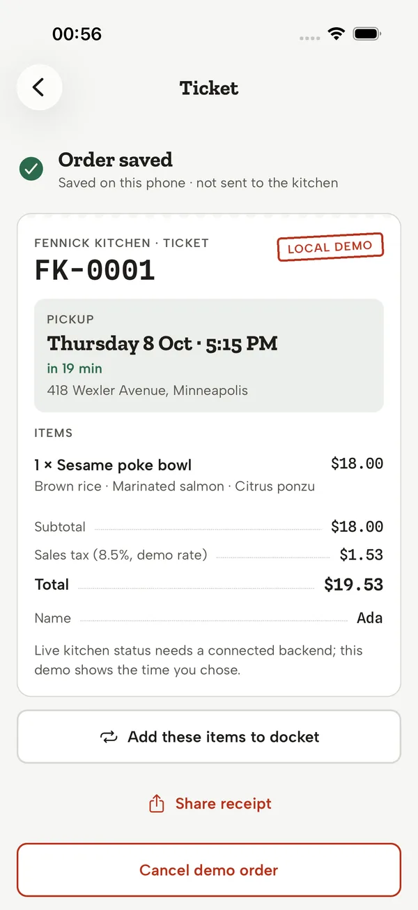 iOS: Ticket saved on the phone, stamped LOCAL DEMO