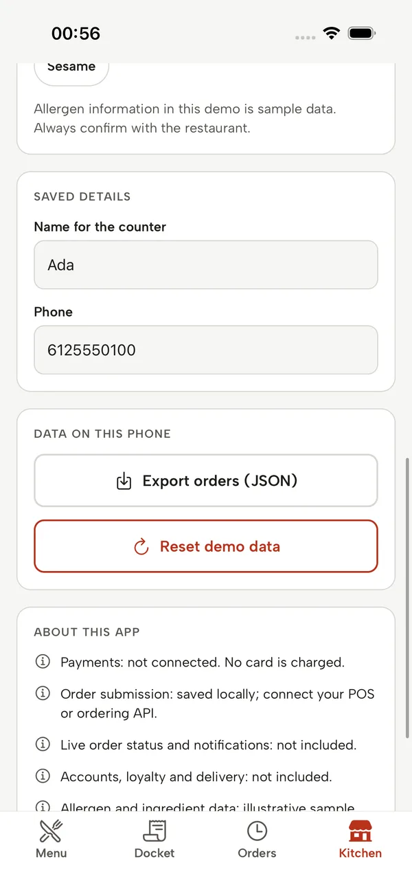 iOS: Kitchen: hours in the restaurant's time zone, preferences, data